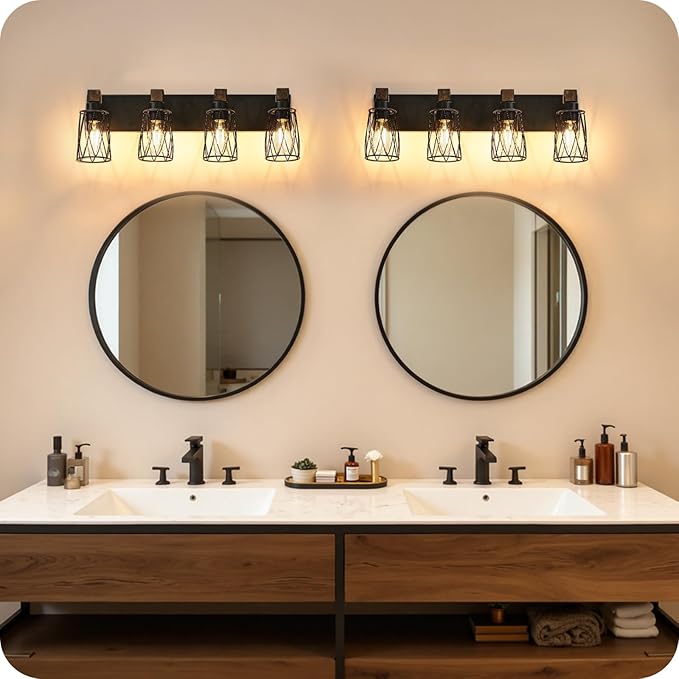 Industrial Farmhouse Bathroom Vanity Light, 4-Light Wood and Metal Wall Light Fixture, E26 Bulbs Not Included, for Bathroom, Vanity, Hallway, Black and Rustic Brown B20BD05