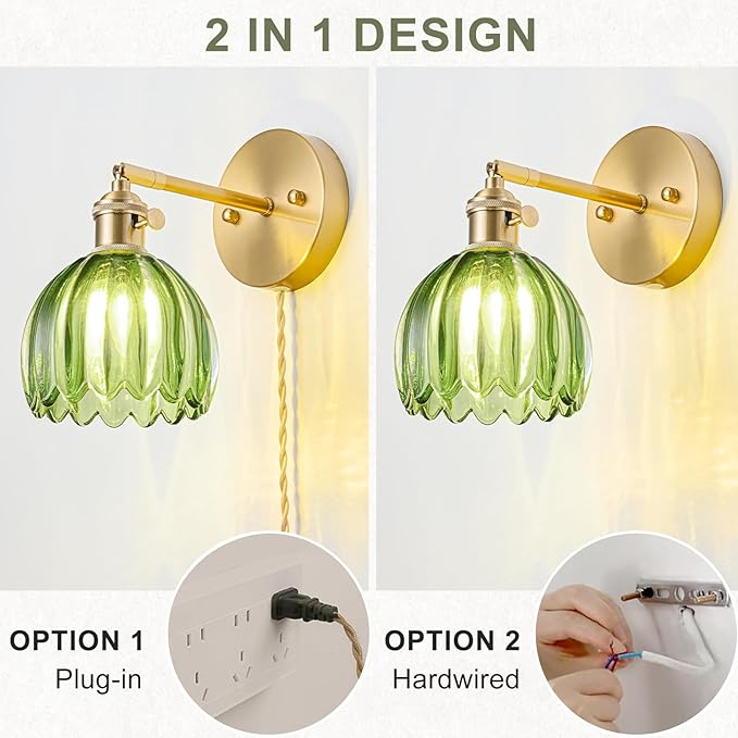 Plug in Wall Sconce, Vintage Sconce Light with Tulip Green Glass Lampshade, Bedside Wall Sconce with Switch and Plug in Wall Lamp Cord, Gold Wall Light for Bedroom
