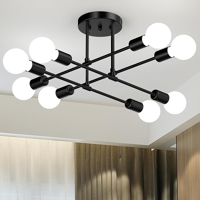 Modern Sputnik Chandelier Ceiling Light Fixtures, 5.9" Ceiling Canopy, 8-Lights Mid Century Industrial Metal Semi Flush Mount for Dining Room, Bedroom, Living Room-Black