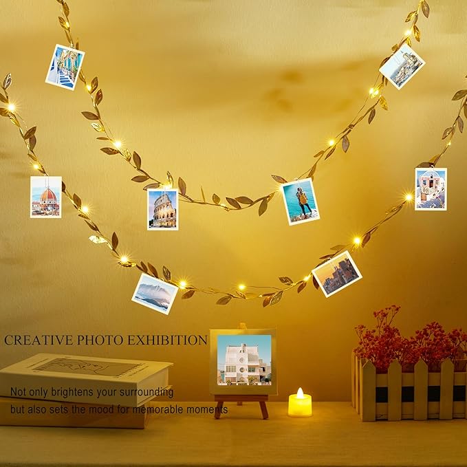 AdasBridal 6.56ft Gold Leaf String Lights 20 LED Fairy Lights Battery Operated Artificial Plant Vine Light for Wedding Birthday Party Decoration Indoor Outdoor Table Decor DIY Crafts, 2pcs