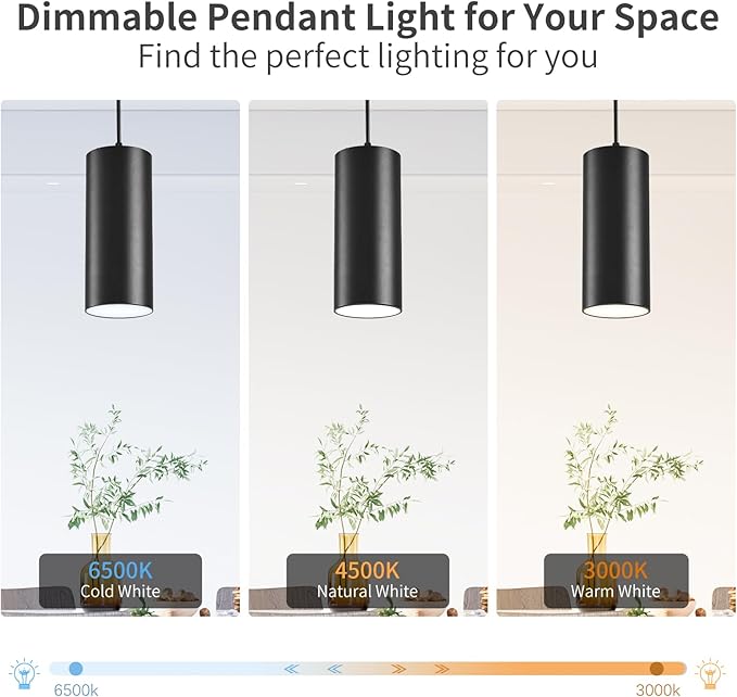 4" Pendant Lights Kitchen Island, 25W Cylinder Hanging Lights with Dipswitch, Modern Eye Care Led Pendant Lamp fixtures for Bedroom, Living Room, Office (Black, 2 Pcs)