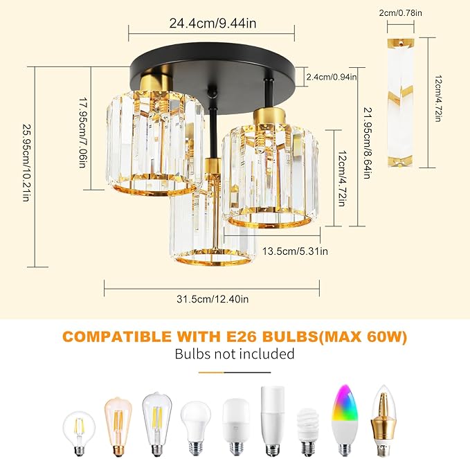Semi Flush Mount Ceiling Light 3-Light Black Flush Mount Ceiling Light Fixture with K9 Crystal Shades, Industrial Kitchen Ceiling Light for Hallway Entryway Bedroom, E26 Socket