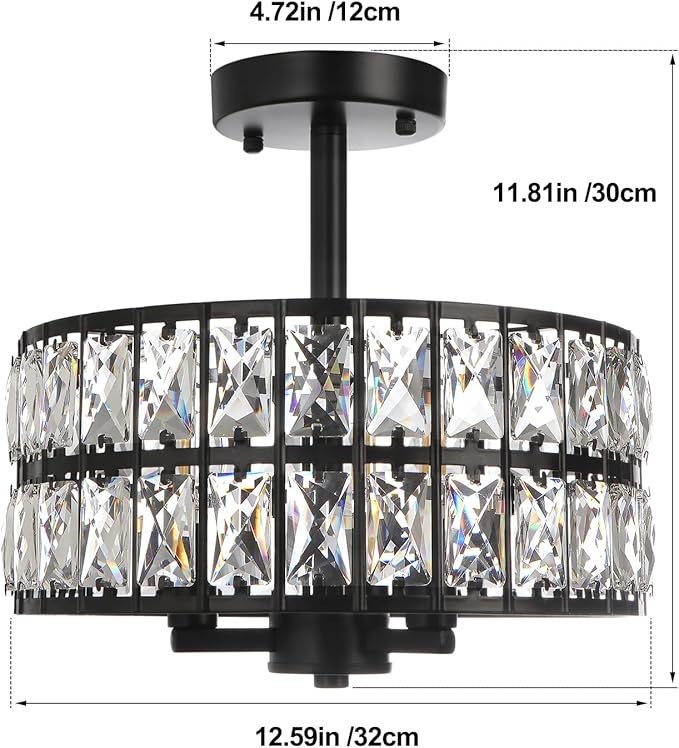 3-Light Round Crystal Ceiling Light Fixture Black Semi Flush Mount Chandelier, 12.6" Farmhouse Kitchen Ceiling Light Fixtures with Cylinder Drum Shade for Hallway Dining Room Bedroom