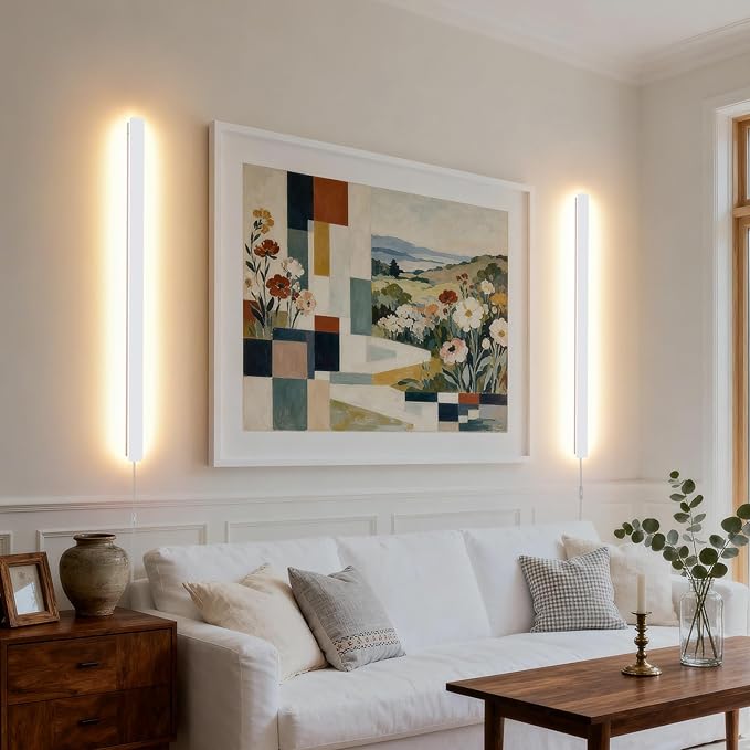 KELUOLY Modern Plug in Long Wall Sconce, 39.3" White Matte LED Wall Lights, 20W Warm White 3000K Acrylic Indoor Wall lamp, with 59" Plug Cable for Bedroom, Living Room, Hallway
