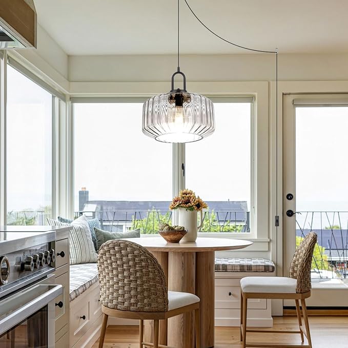 Hanging Pendant Light Plug in Plug in Pendant Lamp Globe Hanging Lights with Plug in Cord for Bedroom Mid Century Modern Ceiling Light fixtures Clear Striped Glass Swag Lights Kitchen