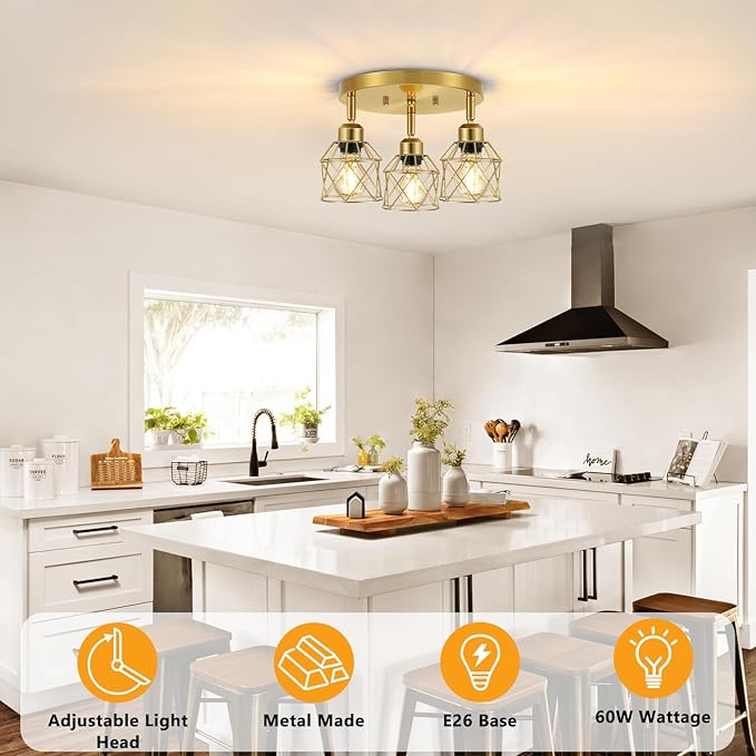 3-Light Brushed Gold Kitchen Light Fixtures, Modern Close to Ceiling Light with Metal Cage, Multi-Directional Gold Ceiling Lights for Farmhouse, Hallway, Dining Room, Entryway