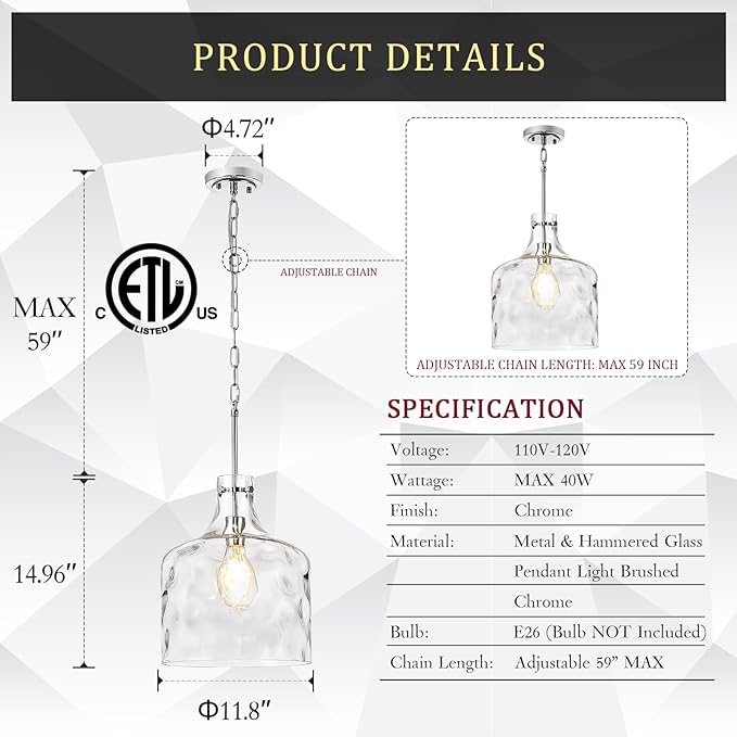 CATINER Extra Large 16" Vintage Farmhouse Pendant Light – Hand-Blown Clear Hammered Glass Shade, Adjustable Chain Hanging Light for Kitchen Island, Hallway, Dining Room, Chrome