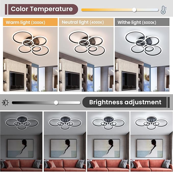 Modern Ceiling Light, 6 Rings Black Dimmable Flush Mount Ceiling Light with Remote, Acrylic Close to Ceiling Lighting Fixture for Living Room Dining Room Bedroom Kitchen (Black, 6 Heads)
