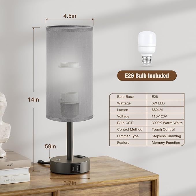 Touch Bedside Table Lamp with Memory - Stepless Dimmable Lamp for Bedroom, Small Nightstand Lamp with Dual USB Charging Ports and AC Outlet, Wood Night Light, Deak Lamp for Nursery (Grey & Grey)