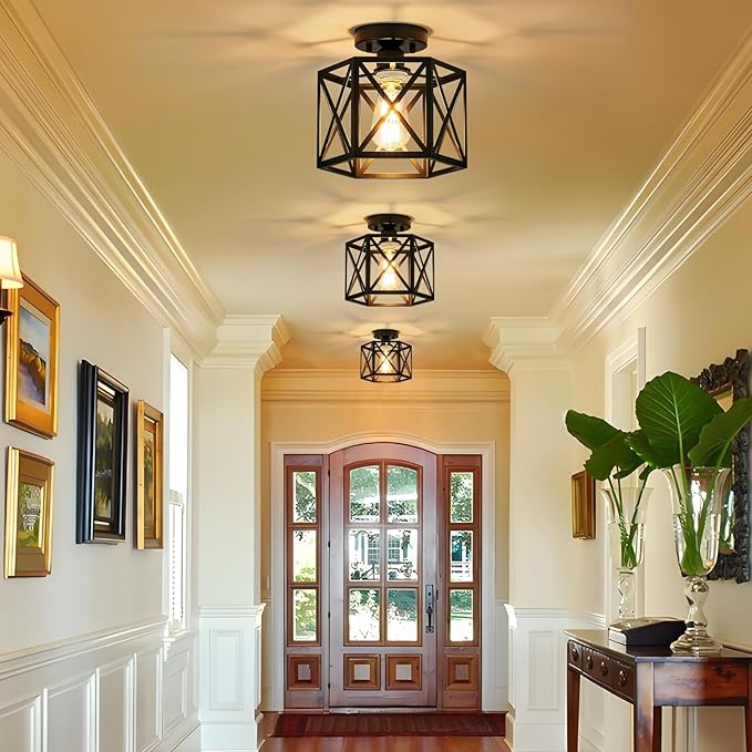 Modern Farmhouse Black Ceiling Light,Industrial Semi Flush Mount Ceiling Lighting Fixture,Hexagonal Hallway Lighting Fixtures for Kitchen,Bedroom,Foyer,Entryway,Laundry Room,1-Light, 9.5 Inch