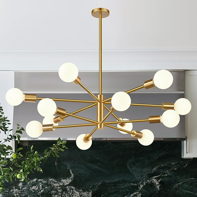 33" Modern Chandelier Ceiling Light Fixture, 12-Light Sputnik Chandeliers Brushed Gold Mid Century Chandelier Over Table, Height Adjustable Chandeliers for Dining Room Living Room (Bulbs Not Included)