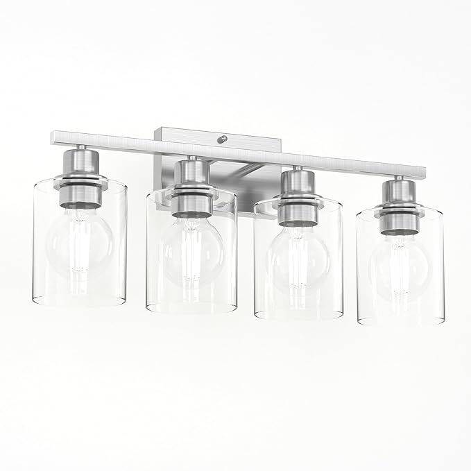 Bathroom Lighting Fixtures Over Mirror Brushed Nickel, 24Inches Vanity Lights for Bathroom, Modern 4-Light Wall Sconces E26 Base, Transparent Clear Glass Shades, Bulbs Not Included