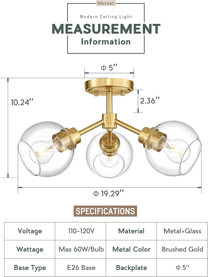3-Light Semi Flush Mount Ceiling Light, Modern Light Fixtures Ceiling Mount with Globe Clear Glass Shade, Brushed Gold Light Fixtures for Kitchen Entryway Hallway Bedroom, SM195-BG-3