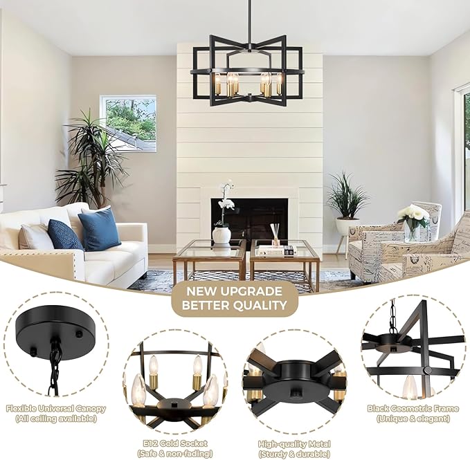 Black and Gold Chandelier, 6-Light Modern Farmhouse Industrial Metal Pendant Light Fixture for High Ceiling, Dining Room, Kitchen Island, Living Room, Entryway, Foyer, Adjustable Height