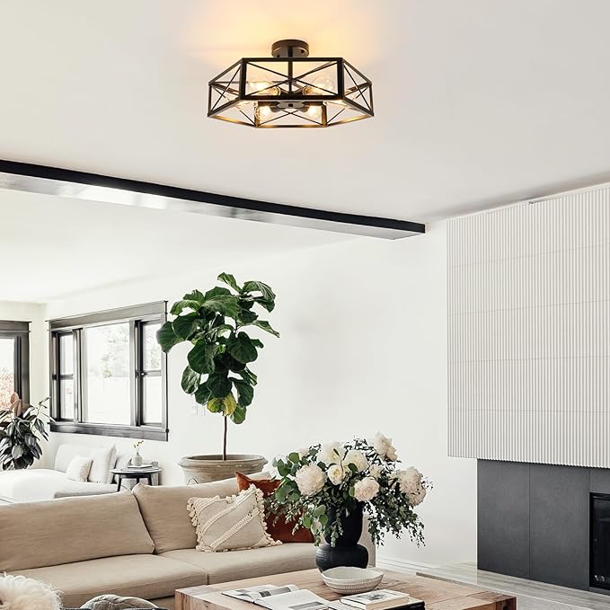 WILON Semi Flush Mount Ceiling Light, Industrial 6 Light Close to Ceiling Light Fixture, Black Dining Room Light Fixture Farmhouse Chandelier for Kitchen Hallway Bedroom Living Room(E26 Socket)