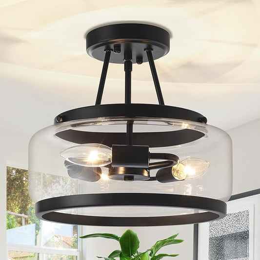 11.81" Black Glass Semi Flush Mount Ceiling Light, 3-Light Modern Light Fixture, Hallway Ceiling Lights, Ceiling Lamp for Entryway Bedroom Laundry Kitchen Dining Room Close to Ceiling Light Fixtures