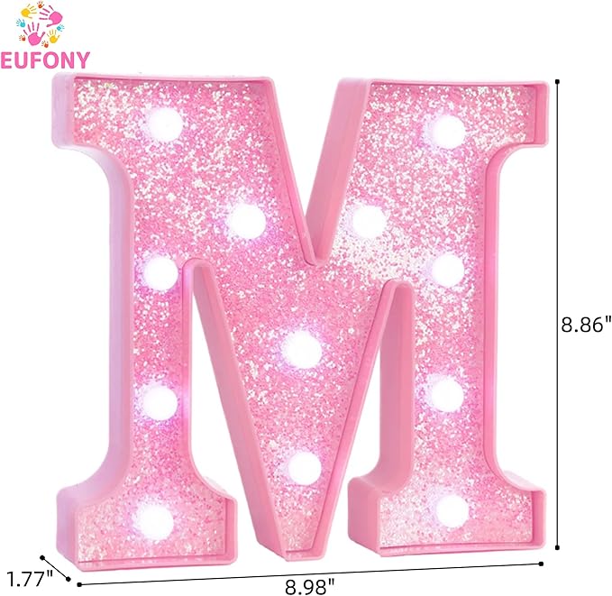 Pink Marquee Light Up Letters, Glitter Alphabet LED Letter Lights for Pink Birthday Party Decorations, Battery Operated Letter Sign for Girls Room Vanity Table Decor, Cool White Lights Letter M