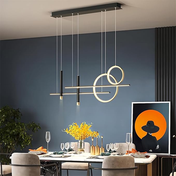6 Lights LED Island Light, 39.4 Inch Creative Island Light with Remote Control & Infinitely Dimmable Hanging Light, Geometric Linear Pendant Light for Dining Room, Black