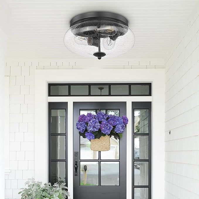 Darkaway Large Ceiling Light Fixtures 3-Ight Flush Mount Indoor Outdoor Ceiling Light with Seeded Glass Shade for Hallway Kitchen Bedroom Porch Living Room Dining Room Black Finish