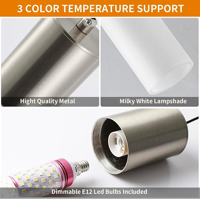 LED Kitchen Pendant Lighting Over Sink 1-Light Brushed Nickel Pendant Lights Modern Dining Table Lights Ceiling Hanging Lamp with Milky White Lampshade, Adjustable Height, 3000K-6000K