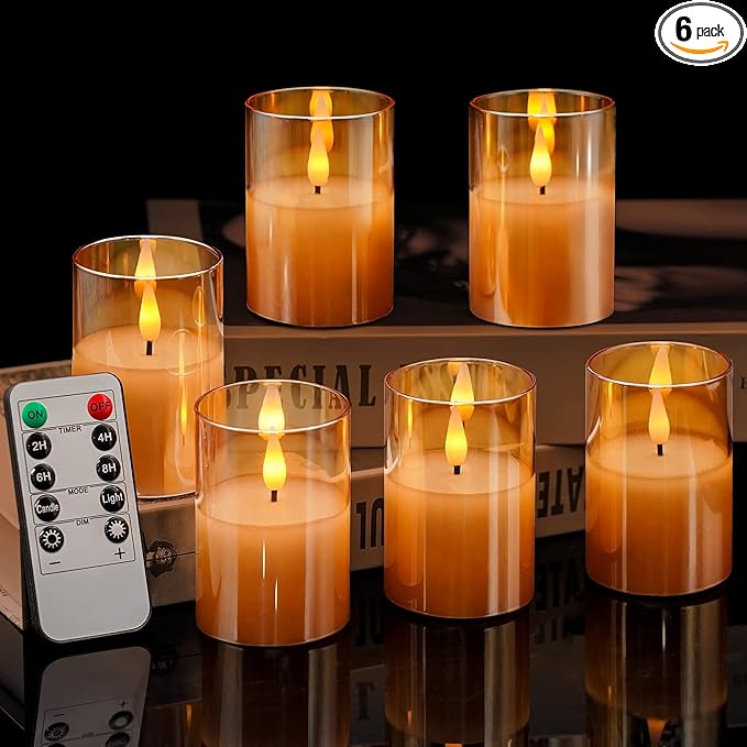 VIODAIM 6Pack Glass Flickering Flameless Candles with Remote, 2"X3" Real Wax Votive Candles Battery Operated, Small Electric LED Candles for Wedding Home Decor, w/4 Timers+2 Lighting Modes [Gold]