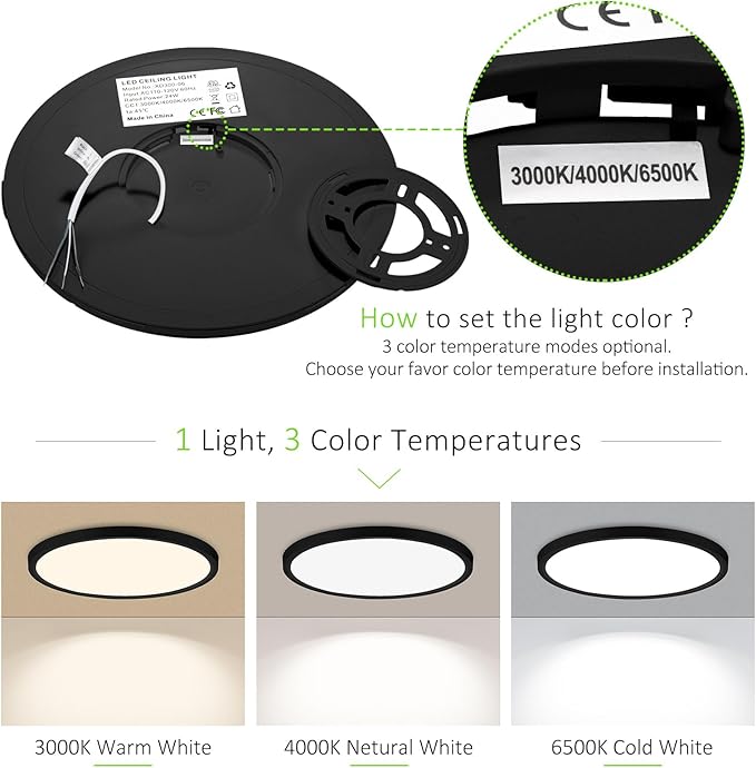 1 Pack LED Flush Mount Ceiling Light, 24W Ultra Thin Round White Lamp 3000K/4000K/6500K 3 Color Temperatures Adjusted 12 Inch Modern Ceiling Lights, Black, Wired