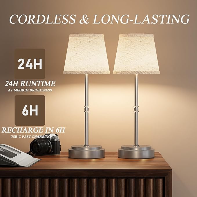 Cordless Table Lamp Rechargeable Silver - 1 Pack 7500mAH Battery Operated Lamp for Decor, 3000K Stepless Dimming Touch Control Wireless Lamp for Bedroom, Dining Table, Counter, Living Room