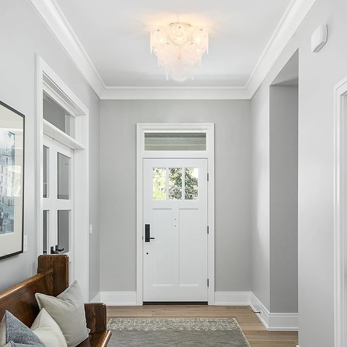 Modern Glass Flush Mount Light Fixture, Hallway Ceiling Light Unique Chandelier, 4-Light Flush Mount Chandelier for Bedroom Entryway, White Finish