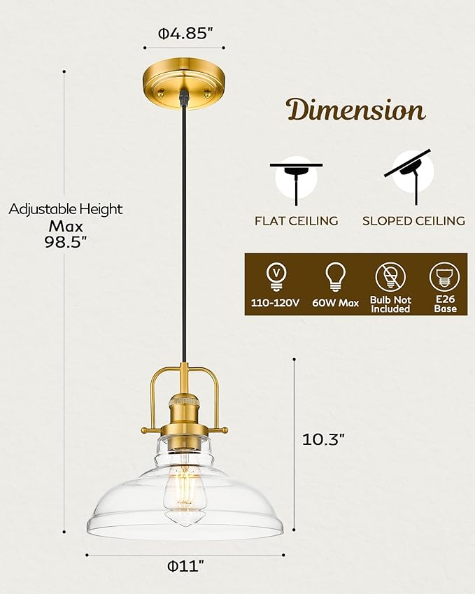 FEMILA 11" Gold Pendant Light Fixture, Vintage Pendant Lighting with Clear Glass Shade for Kitchen Island, Adjustable Hanging Light, Brushed Gold Pendant Lights, 4FY09-MP BG