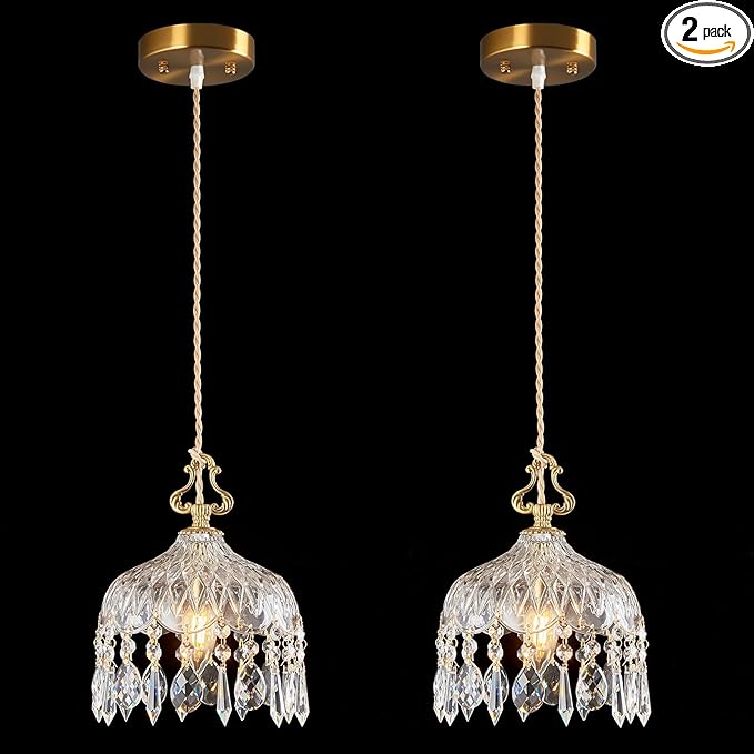 Brass Vintage Glass Pendant Light Crystal Hanging Light Fixtures,Adjustable Height Single Head Pendant Lights for Dining Room Living Room Bedroom Hallway(2-Pack)