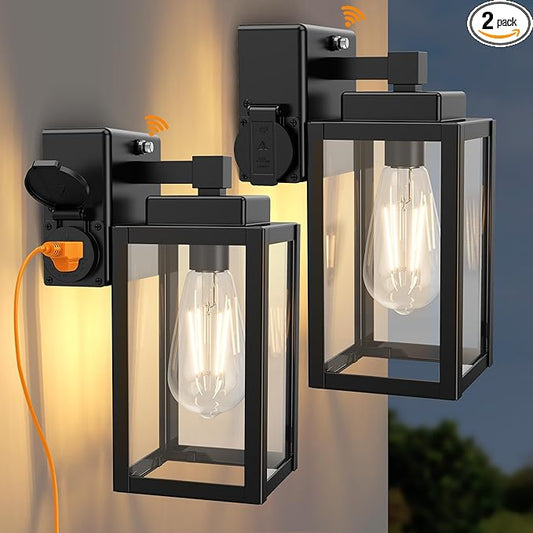 WIHTU Outdoor Wall Light Fixtures, Dusk to Dawn Outdoor Wall Sconce with Outlet, 2-Pack, Porch Sconces Mounted Lighting, Porch Lights with E26, Waterproof Wall Lamps for Patio Front Door