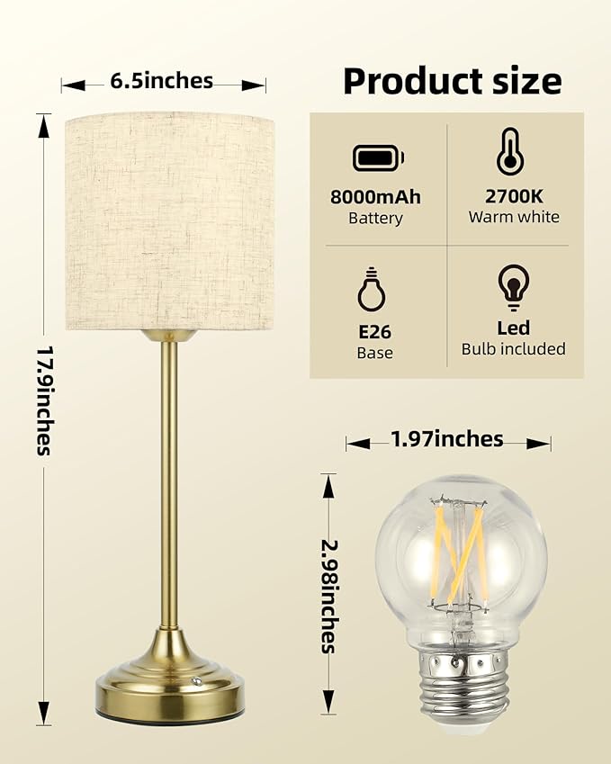 Rechargeable Table Lamp, 2-Pack, 8000mAh, Dimmable, Ambient Light, 2700K, Touch Control, Portable, LED, Wireless, Cordless, Battery Operated, Desk Lamp, Kitchen Lamp, Fabric Shade, for Dining Room