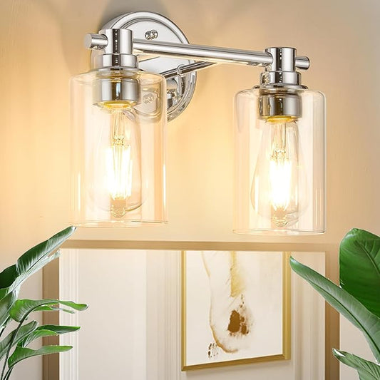 Bathroom Light Fixtures Wall Sconce Light with Clear Glass Chrome 2 Lights Bathroom Lighting Over Mirror Vanity Lights for Living Room,Bedroom,Restroom,Hallway E26 Base