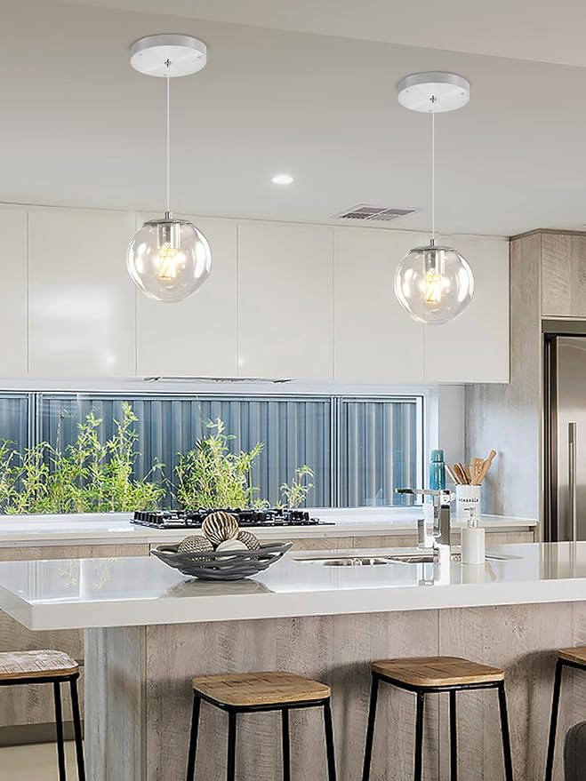 ykolupty 1 Light Globe Pendant Light for Kitchen Island Silver Pendant Light Fixtures with Clear Glass Globe Hanging Lights for Bedroom,Hallway,Bar