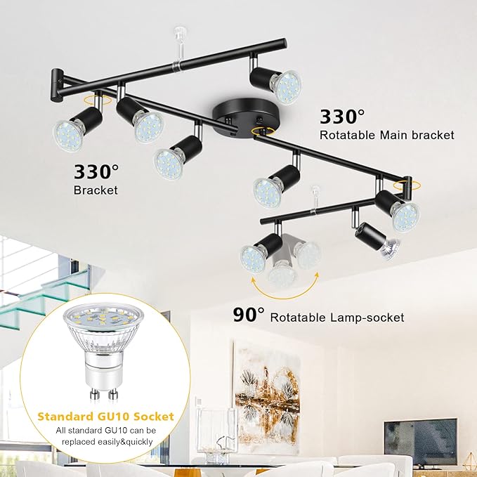 Unicozin LED 8 Light Track Lighting Kit, 54.13'' Black 8 Way Ceiling Spot Lighting, Flexibly Rotatable Head, Track Light Included 8 x LED GU10 Bulb (4W, Daylight White 5000K, 400LM)