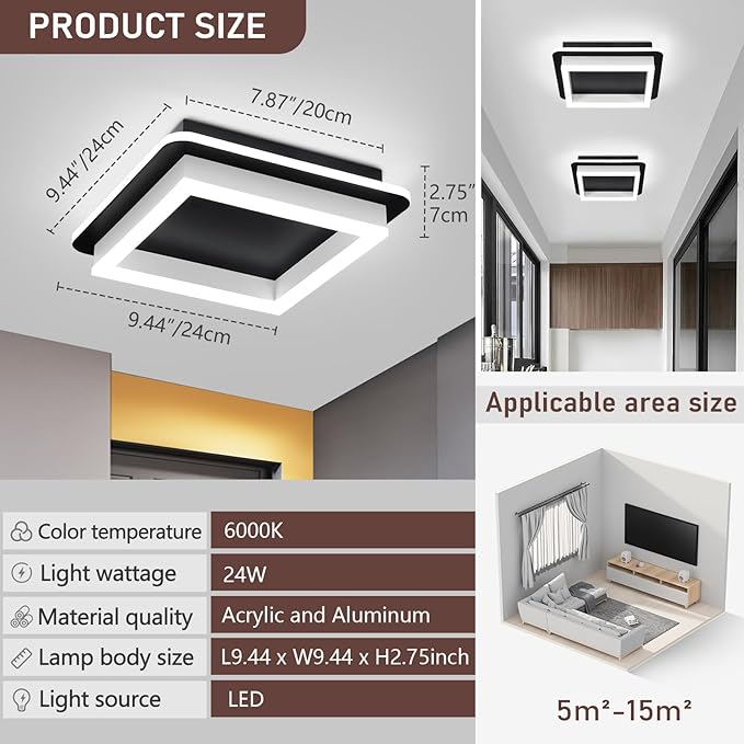 CANEOE Black Led Hallway Light Fixtures 6000K Cold White LED Modern Ceiling Light Fixtures Acrylic Square Flush Mount Ceiling Lamp for Bedroom Kitchen Bathroom Hallway Ceilings Lighting
