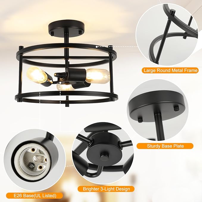 Semi Flush Mount Ceiling Light 12.59'' Farmhouse Black Ceiling Light Fixtures Industrial Kitchen Light Fixtures 3-Light Metal Cage Ceiling Lights for Bedroom, Living Room, Hallway, Foyer