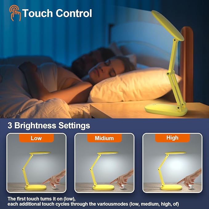 Akejrym LED Desk Lamp for Office Home & Battery Operated Lamp Rechargeable Lamp Foldable & Portable Light, [2-Fold Bracket] 3 Brightness Dimmable Small Desk Lamp Wireless Reading Lamp (Yellow)
