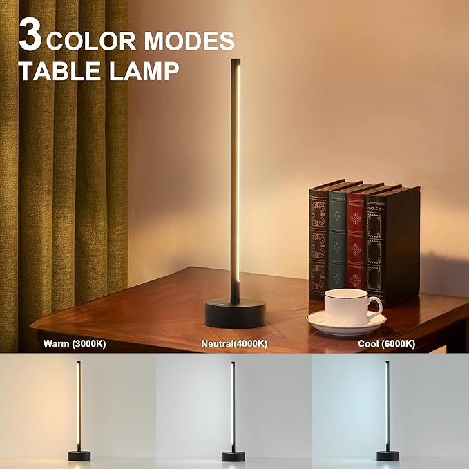 KARTOOSH Cordless LED Table Lamp Set of Two, Battery Operated Portable Desk Lamp, Dimmable/3 Color/Memory Function, Modern Rechargeable Table Light for Living Room,Bedroom, Bedside, Black, 2 Pack