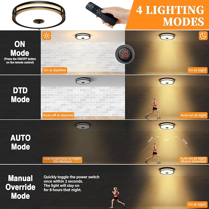 Motion Sensor Outdoor Ceiling Light with Remote, 24W Dimmable 2700K/3000K/3500K/4000K/5000K Flush Mount Porch Light, 12" Dusk to Dawn Exterior Lighting Fixtures for Patio, Porch, Entryway