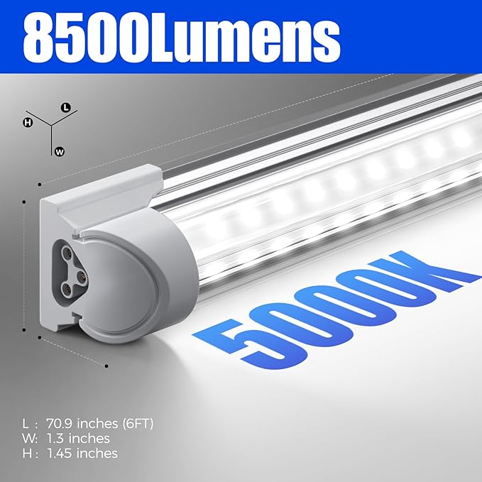 Barrina T8 LED Shop Light 6FT 60W 8500LM 5000K, Clear Cover, Garage LED Lights Ceiling, V-Shape LED Light Fixture, Work Shop LED Lights for Garage, Warehouse, Basement, ETL Listed, 10 Packs