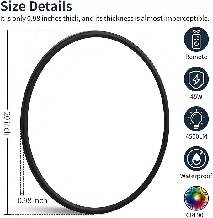 MOONSEA 20 Inch LED Flush Mount Ceiling Light 45W, Large Ceiling Light with Remote Control, Round Dimmable 3000K-6500K Adjustable, Modern Slim Flat Panel Lights for Kitchen Bedroom, Black