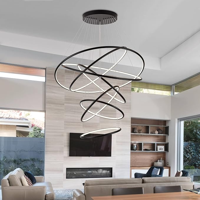MADEM Modern LED Chandeliers 7 Rings Black Chandelier Contemporary Ceiling Pendant Light Fixture for Staircase Foyer High Ceiling Living Room, 3000K Warm White, 200W