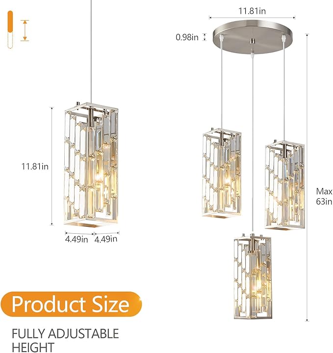 Brushed Nickel Pendant Lighting Modern Pendant Light, Mini Crystal Chandeliers,Adjustable Pendant Light Fixture for Kitchen Island Dinning Room Bedroom (3 Light)