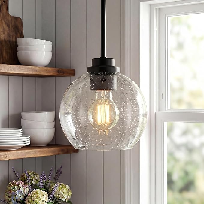 Pendant Lights Kitchen Island, 7" Modern Black Hanging Lights Fixtures with Clear Seeded Glass Globe Shade, Kitchen Island Lighting for Bathroom, AD-22280-1P-BK-S