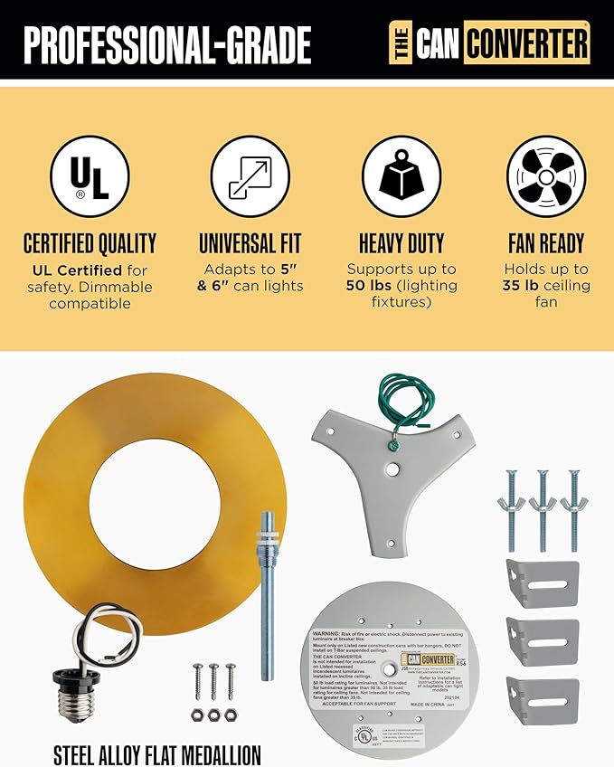 The Can Converter R56 Recessed Can Light Conversion Kit w/ 7"¾ Flat Ceiling Medallion - Home Improvement for 5" & 6" Cans, Converter Kit for Ceiling Fan & Light Fixture, UL Certified, Polished Gold