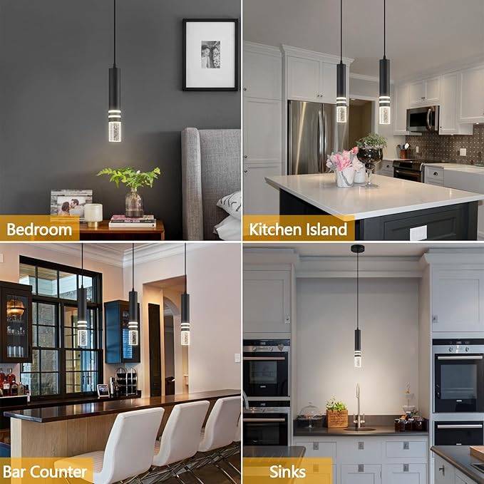 Pendant Lights Kitchen Island, Crystal Pendant Light Fixtures Mini 6W LED Modern Kitchen Pendant Lighting Over Sink and Living Room and Bedroom (Black 1-Pack)