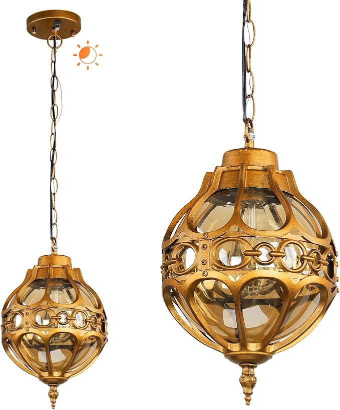 Dusk to Dawn Globe Outdoor Pendant Lights,Vintage Exterior Hanging Pendant Light Fixtures with Adjustable Chain, Aluminum Brass Outdoor Chandelier for Porch, Gazebo,with Sensor,Large