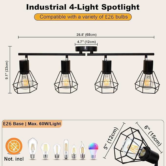 HiBay 4-Light Track Lighting Farmhouse, Directional Ceiling Track Light Fixtures Black, Industrial Flush Mount Spotlight for Kitchen, Dining Room, Bedroom, E26 Base (Bulbs Not Included)