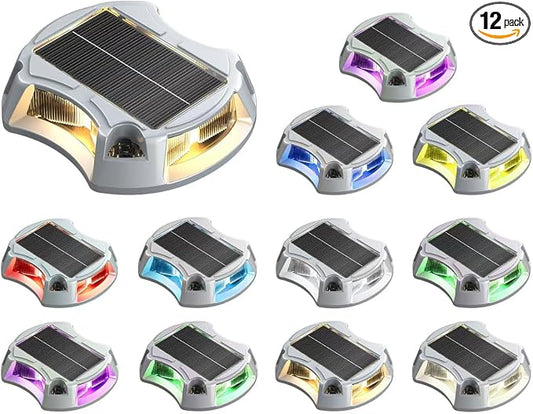 Solar Driveway Lights Solar Dock Lights 9 Colors in 12 Pack, Waterproof IP68, Outdoor, for Driveway Markers, Marine Dock, Pathway, Sidewalk, Warning Step